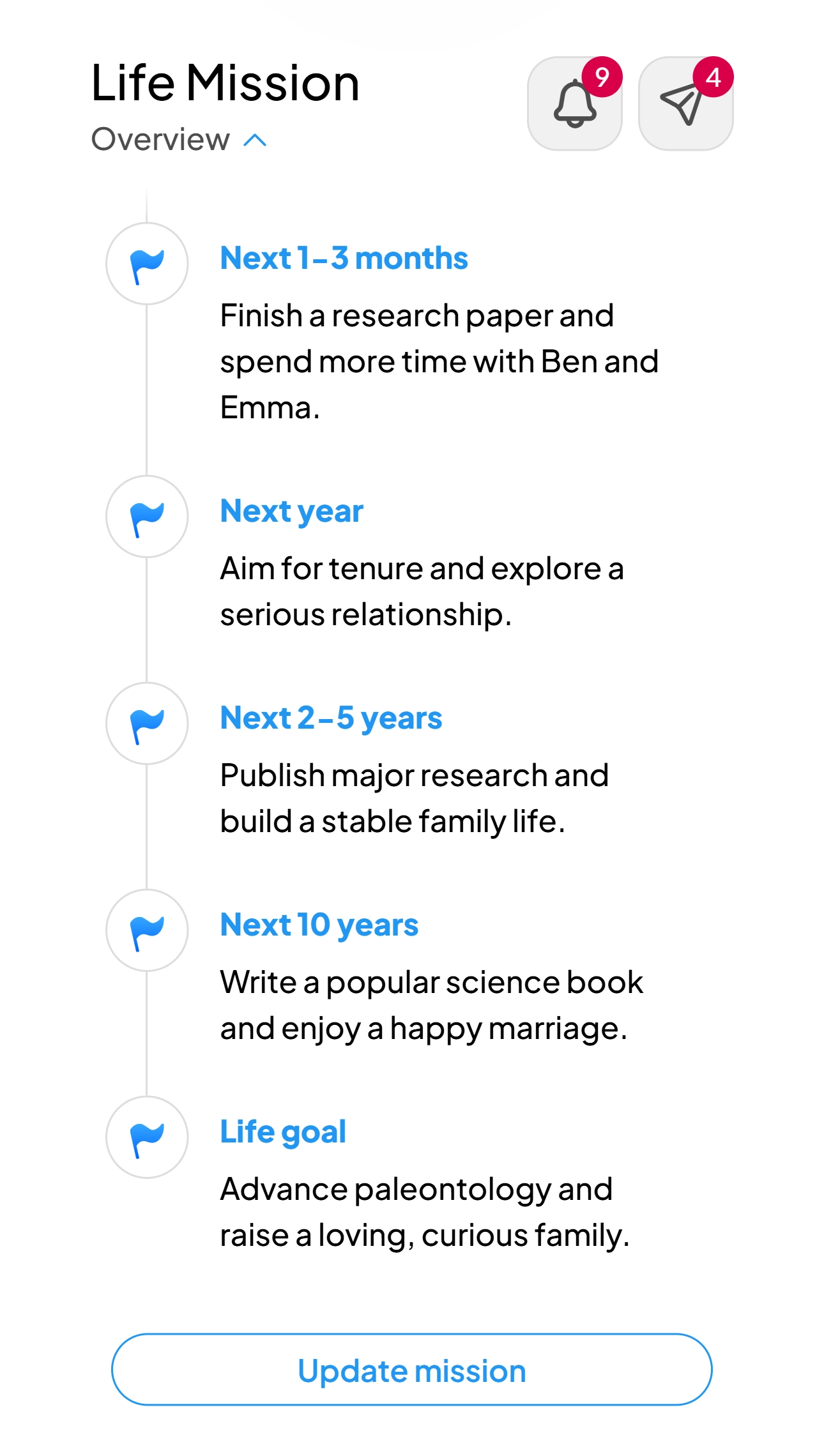 Live Mission timeline in LeadMe with short-term and long-term life goals