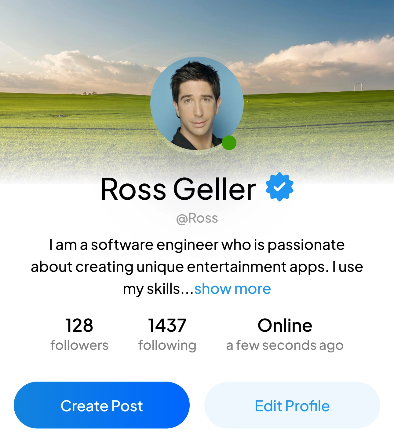 LeadMe user profile with bio, cover photo, follower count, and shared posts