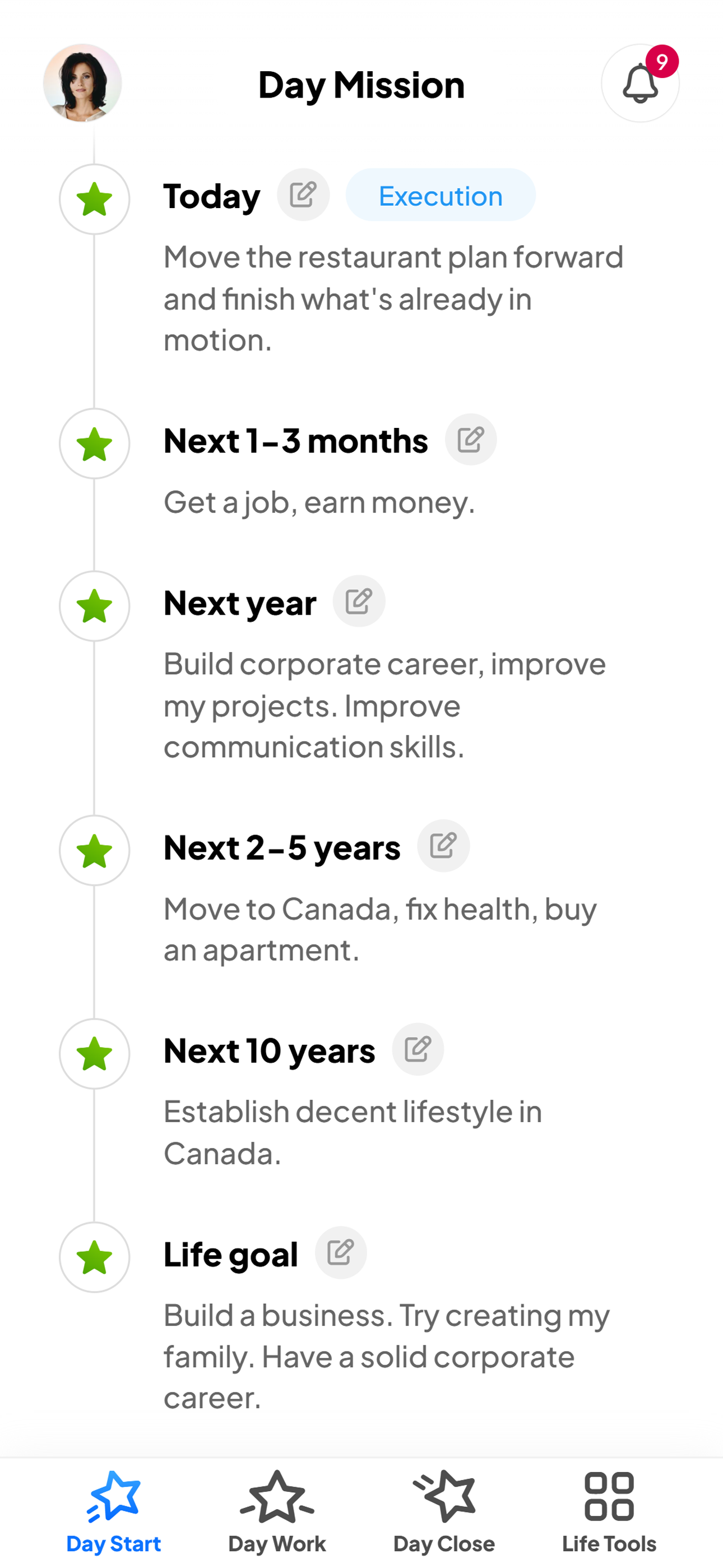 Day mission view showing how daily focus links to broader life goals and priorities.