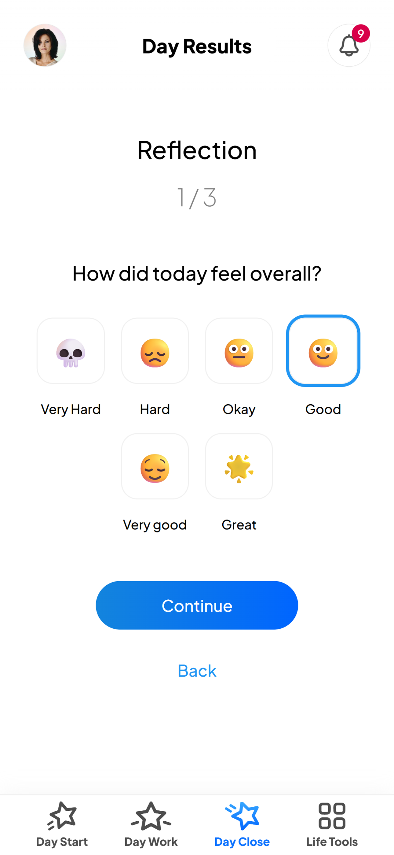 Evening reflection screen for reviewing the day, noting insights, and properly closing it.